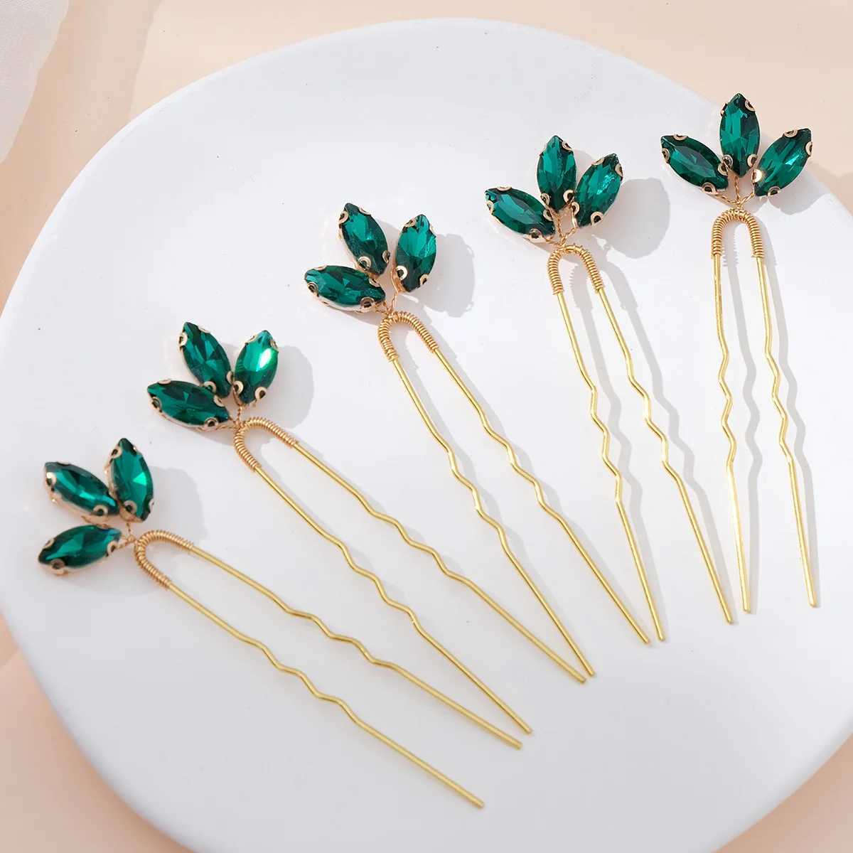 Fashionable green hair comb and pin set rhinestone crystal hair clip bridal wedding jewelry accessories bridal maid gifts W241007