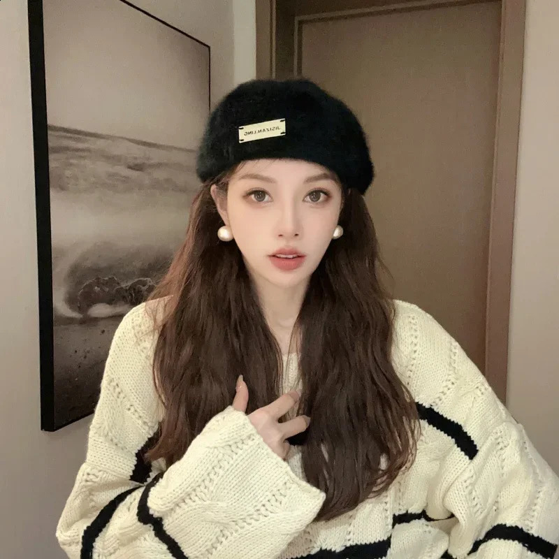 Fashion autumn/winter womens beret with reversible n and rabbit fur 241007