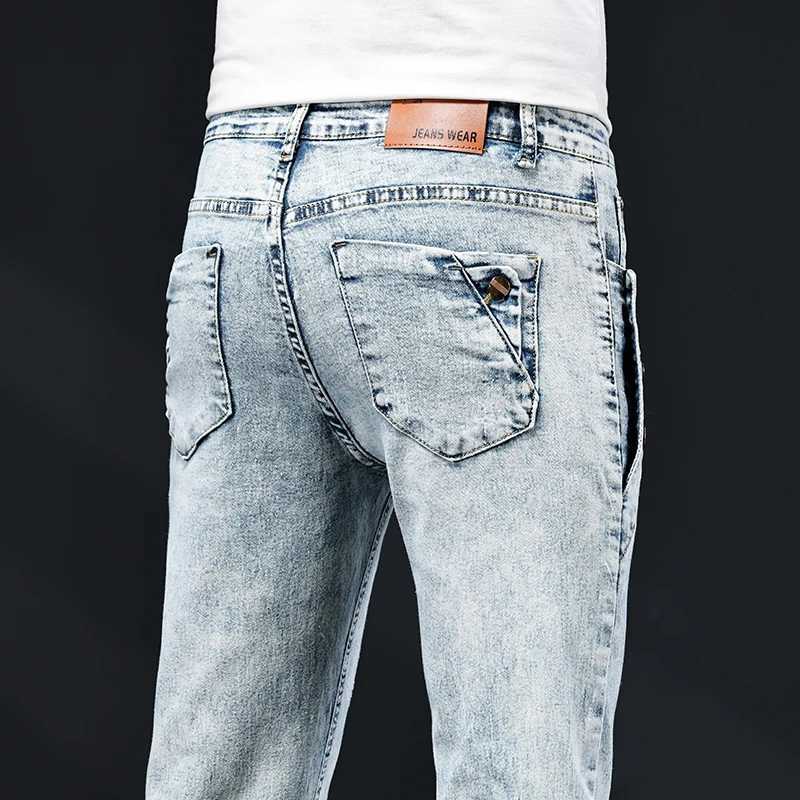 Ultra thin tight jeans mens new elastic Korean design fashionable multi button blue and white retro washed cotton elastic denim pants TrouserW240715