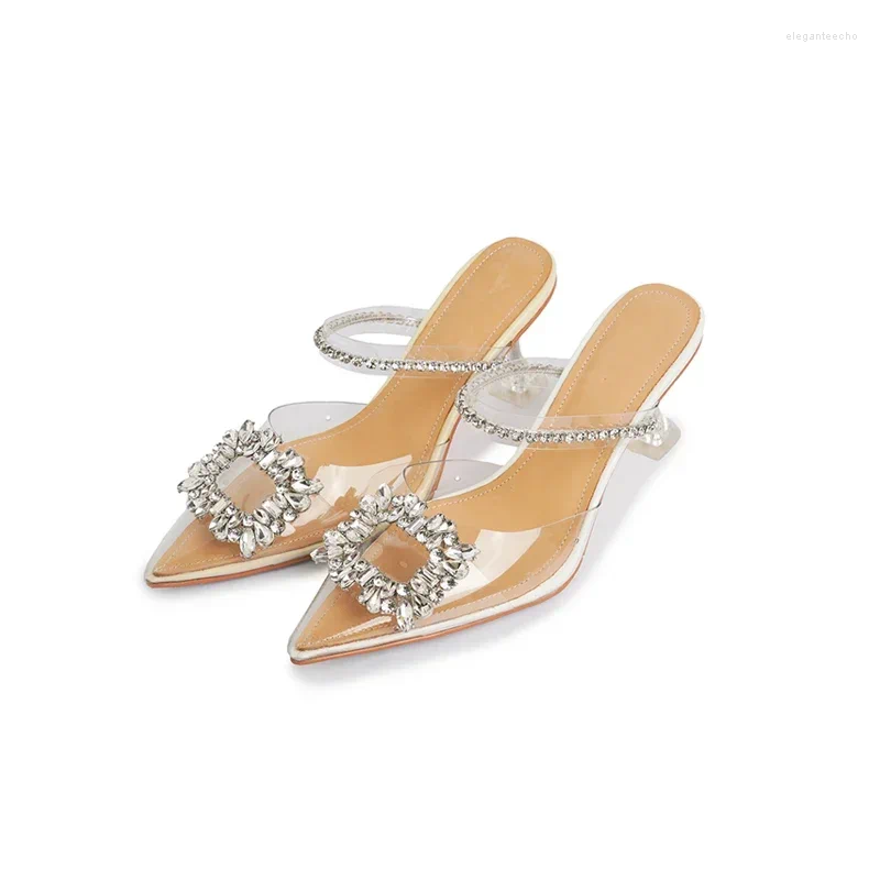 Women's Casual Pointed-Toe Mule Sandals, PVC Upper With Genuine Leather Lining - 5-8 cm Chunky Block Heels, Beaded Cross-Tied Back-Strap Slip-On Shoes - view 4