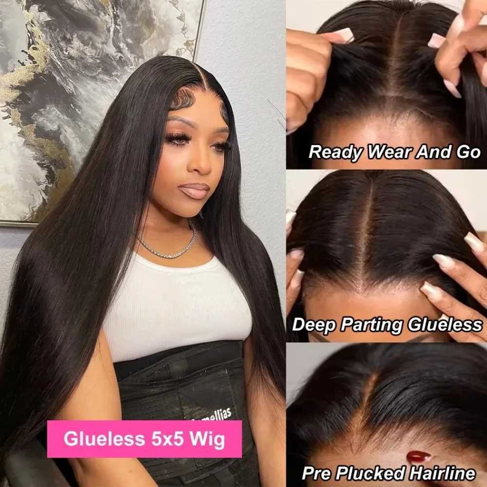 Wear Go Glueless Wig Bone Straight 6x4 HD Lace Front Wigs Human Hair Pre Plucked Glueless Lace Frontal Wigs Natural Black ColorXJ241008