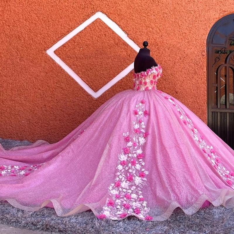 Pink Shiny Luxury princess Quinceanera Dresses 3D Floral Applique Tull Off Shoulder Bustle Corset Vestidos De 15 Anos Sweet 16 Dress