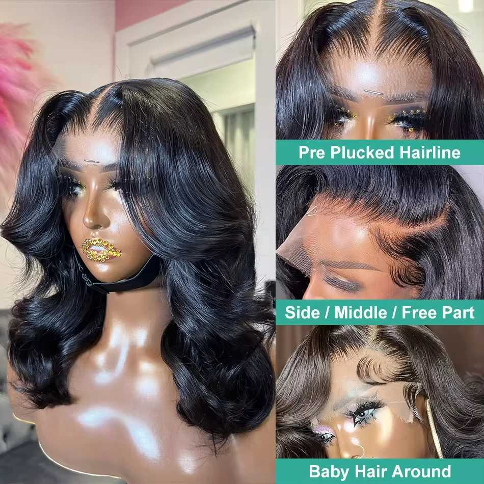 Brazilian Short Bob Body Wave 13x4 HD Transparent Lace Front Human Hair Wigs Loose Wave 250 Density Lace Frontal Closure WigXJ241008