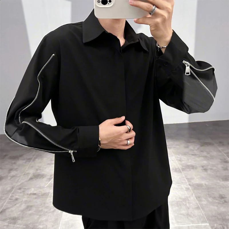 Spring and summer fashion collar long sleeved solid mens shirt Korean button zipper trend fully matched shirt 241007