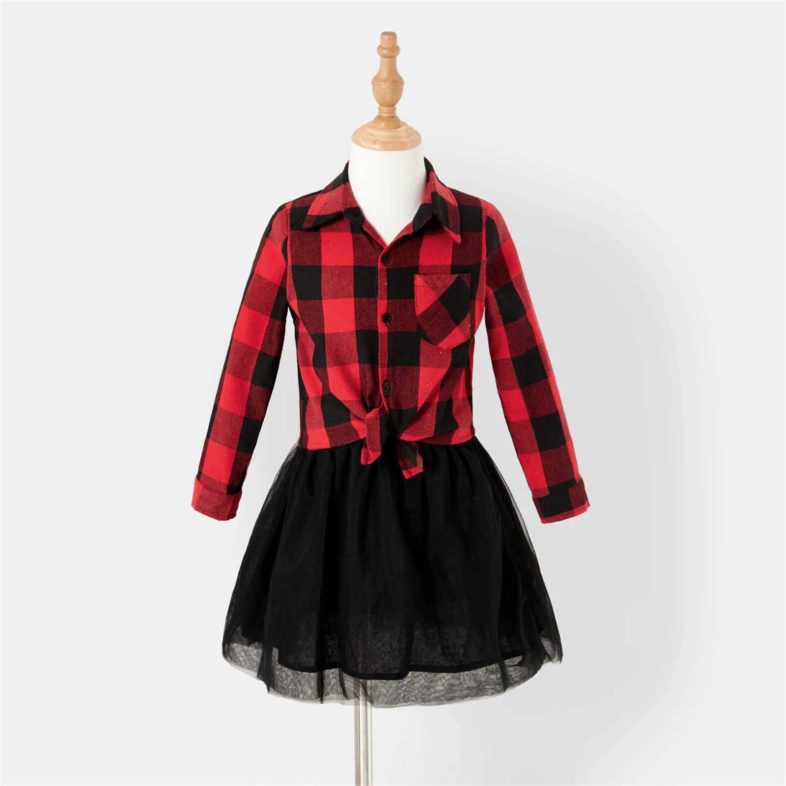 Christmas Family Matching Outfits Red Checkered Long Sleeve Button Up Top and Mesh Skirt Set Suitable for Family Appearance Clothing W241008