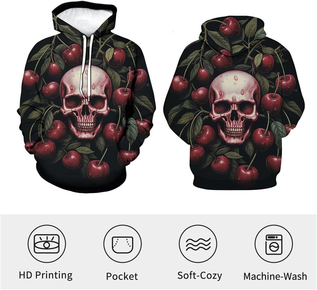 Hoodie for Mens Womens Fruit Pattern Printed Hoodies For Men Skeleton Rocker Long Sleeve Pullover Hoodie Graphic Hoodies sweatshirt Pullover Long Slee