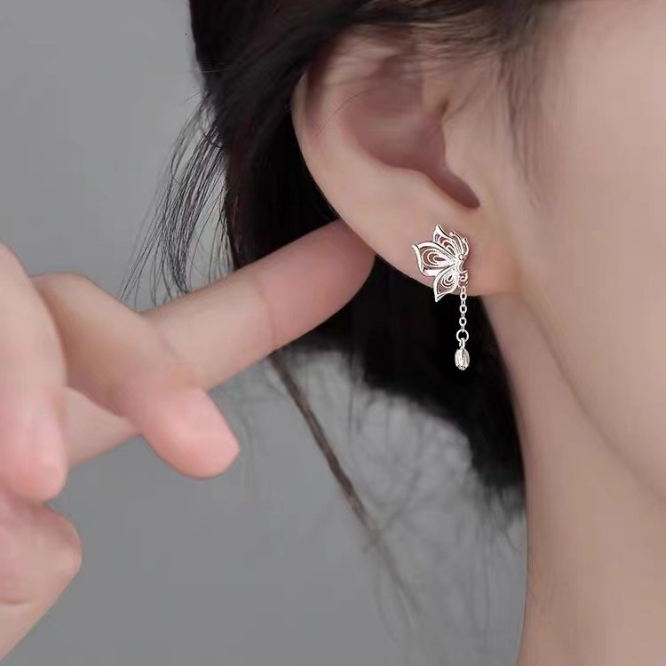 Sier needle small, fresh, sweet tassel, new butterfly earrings, ear bone studs, no need to remove when sleeping