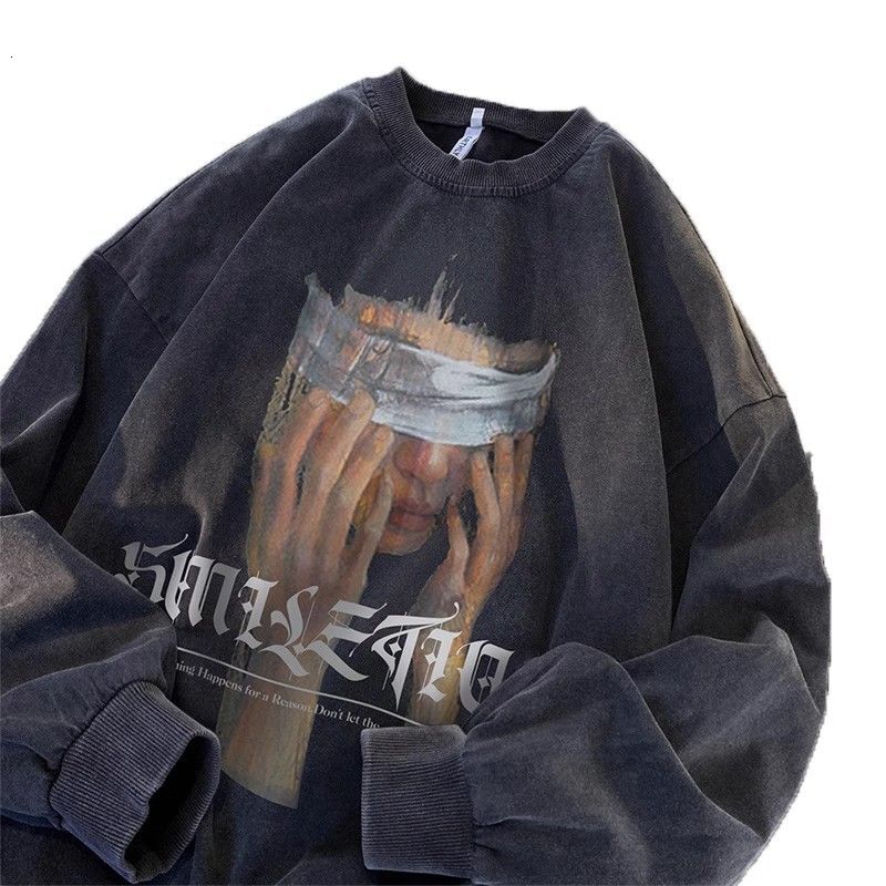 2024 New Designer Washed Retro American Long Sleeve Hoodie Suitable for Men Without Hats Autumn Trendy Brand High Street Oversized