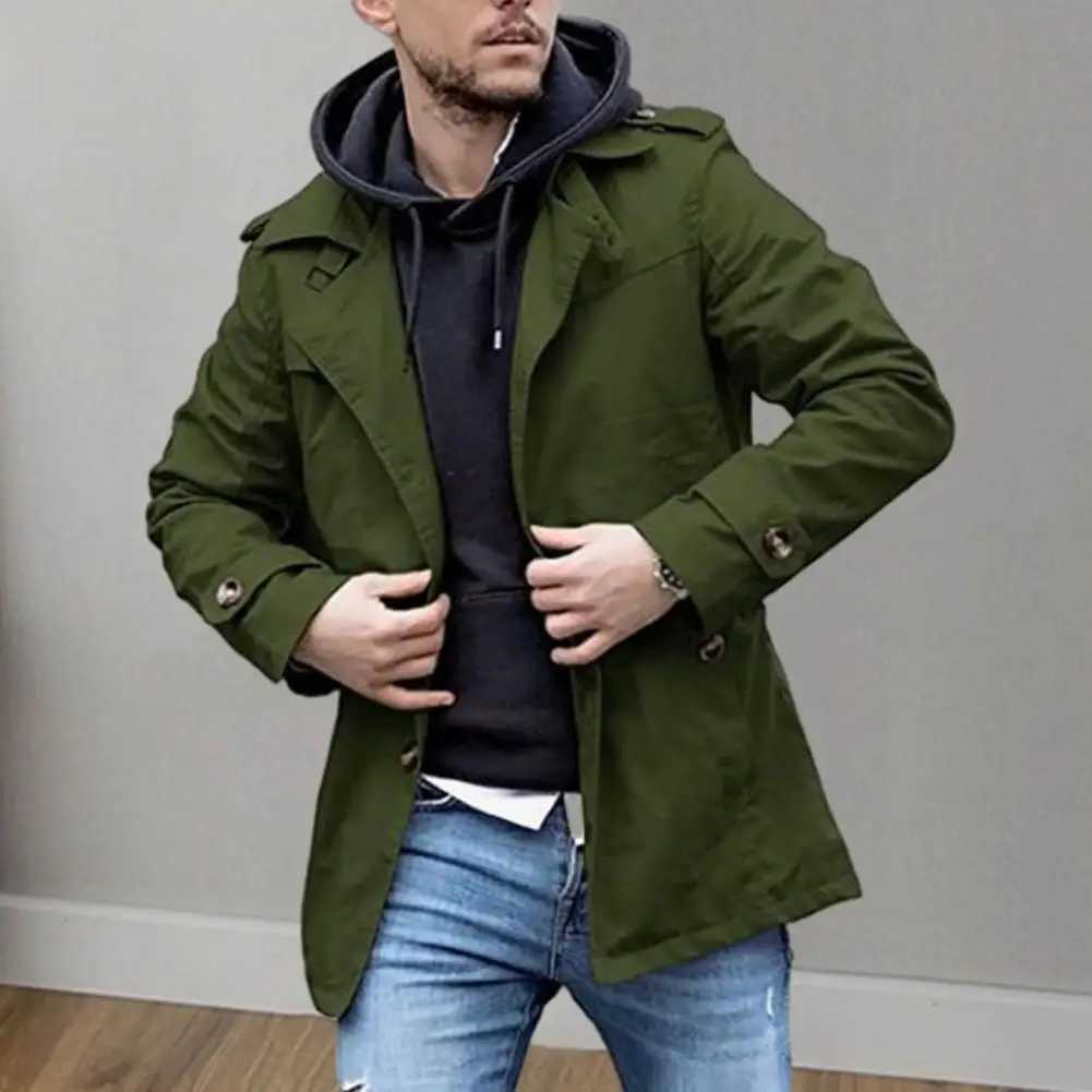 Mens Trench Coat Regular Fit Jacket Fashionable Mens Medium Length Trench Coat Windproof Casual Street Wear Jacket with Collar Suitable for Autumn W24