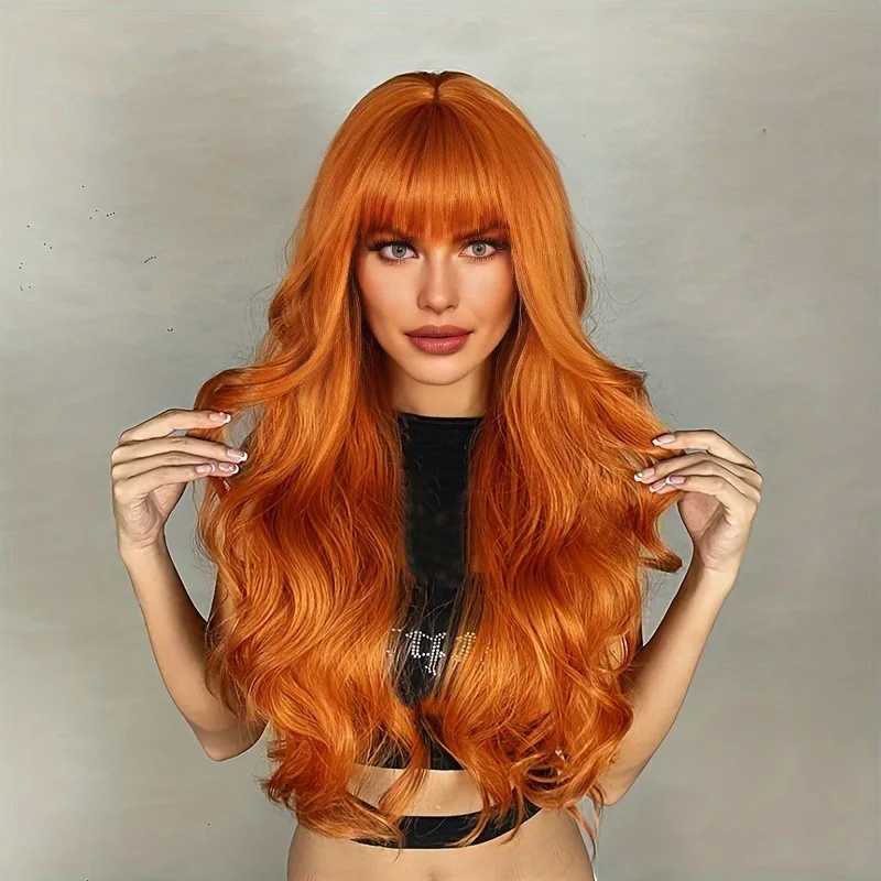 Selling synthetic fiber wig female orange long hair big waves fashion air bangs long curly hair mechanism full head setXJ241008