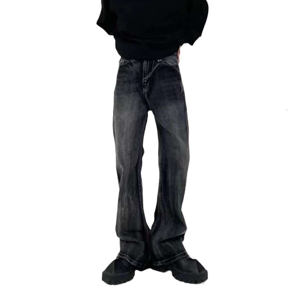 Korean INS Premium Jeans Men's Loose Straight Leg Retro Distressed Gray Pants With A Hanging Feeling And Wide Legs, Floor Length Pants