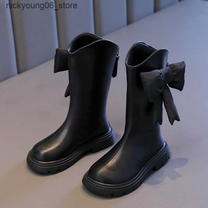 Boots New Winter Girls Princess Cotton Boots Elegant Bowknot Children Causal Boots Fashion Black Versatile Kids Simple Mid-calf Boots L240910