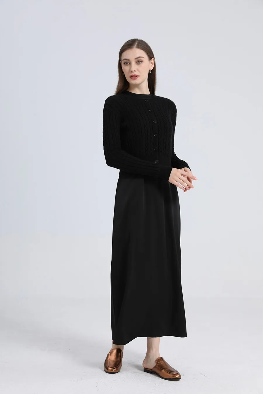 AS woman clothes maxi satin dress knitted rib cable cardigan Autumn Winter collection 240924