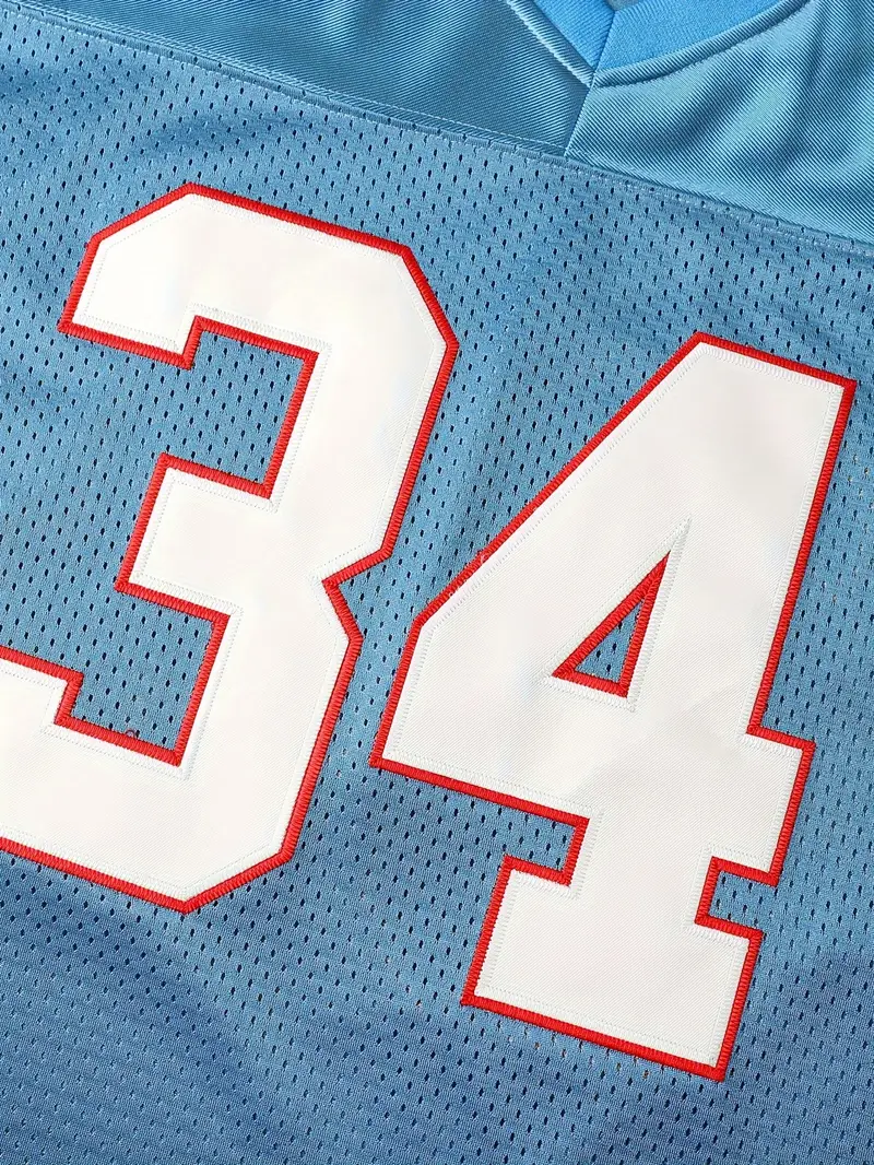 #34 Earl Campbell Comfy V-Neck Football Jersey Light Blue Mesh Embroidery for Training and Competition Breathable Moisture-Wicking American Football S