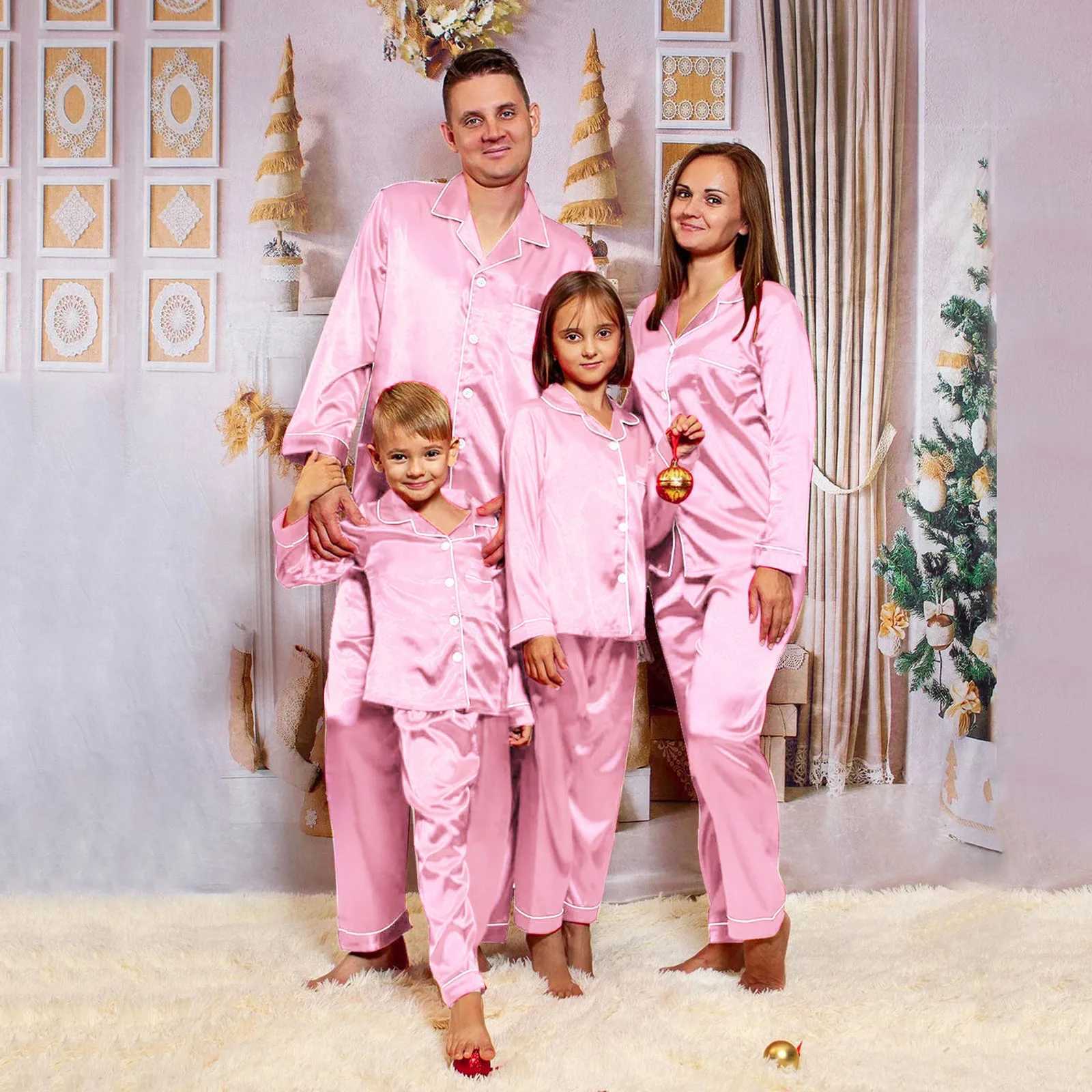 Christmas satin pajamas pink family matching set Father Mother Childrens Christmas pajamas family clothing W241008