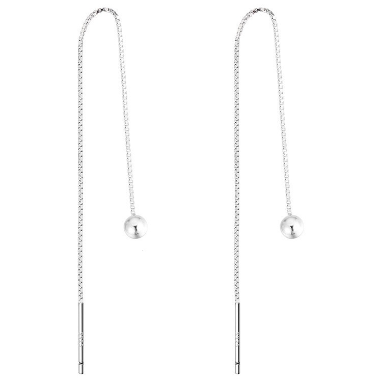 Round bead 2024 new style temperament hole ear line women's silver needle long earrings round face looks slim