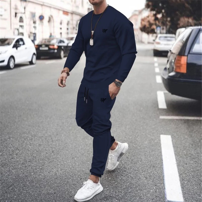 Mens AutumnWinter Printed Round Neck SetSports Pants Running Fitness Basketball Jogging 2piece Set 241008