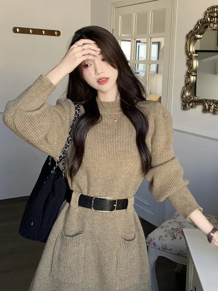 QWEEK Autumn Winter Knitted Sweater Womens Retro Long Sleeve Mini Belt Short Skirt 241007