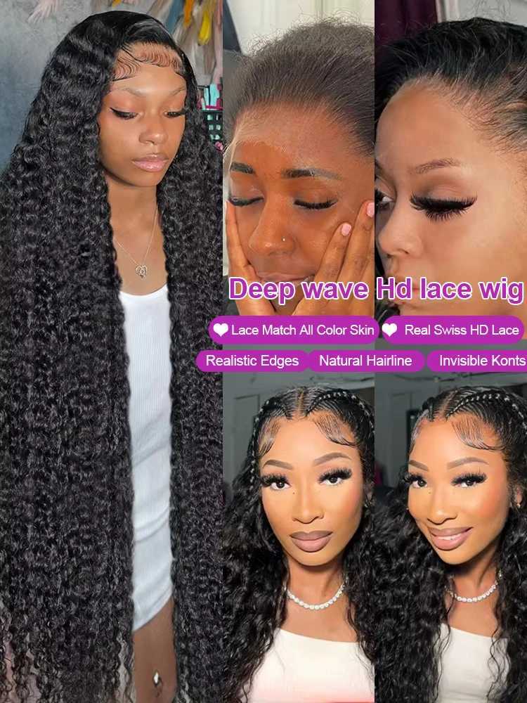 Transparent 300% Density Water Culry 360 Full Lace Frontal Wig Human Hair 40Inch Deep Wave 13x4 13x6 Hd Lace Front Wig For WomenXJ241008