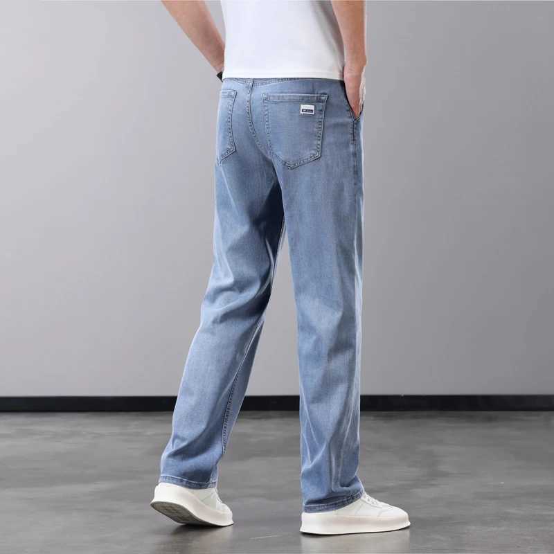 Summer thin mens jeans Lyocell fabric soft and breathable straight denim pants brand mens elastic ice silk casual Trouser gray blueW240715