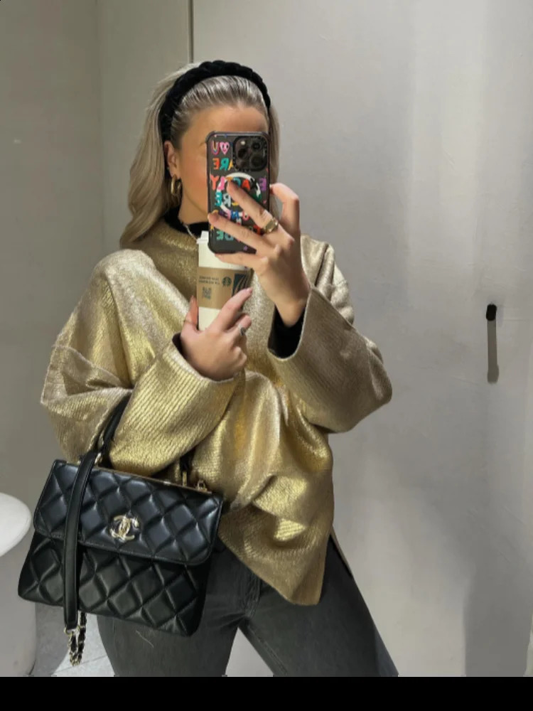 Fashion gold knitted womens sweater casual long sleeved pullout autumn elegant office loose jumper 241007