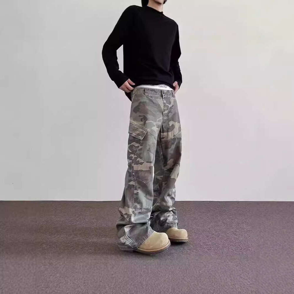 2024 New American Retro Style Camouflage Denim Work Pants Men's Loose Straight Leg High Street Micro Pull Down Pants In 9E8