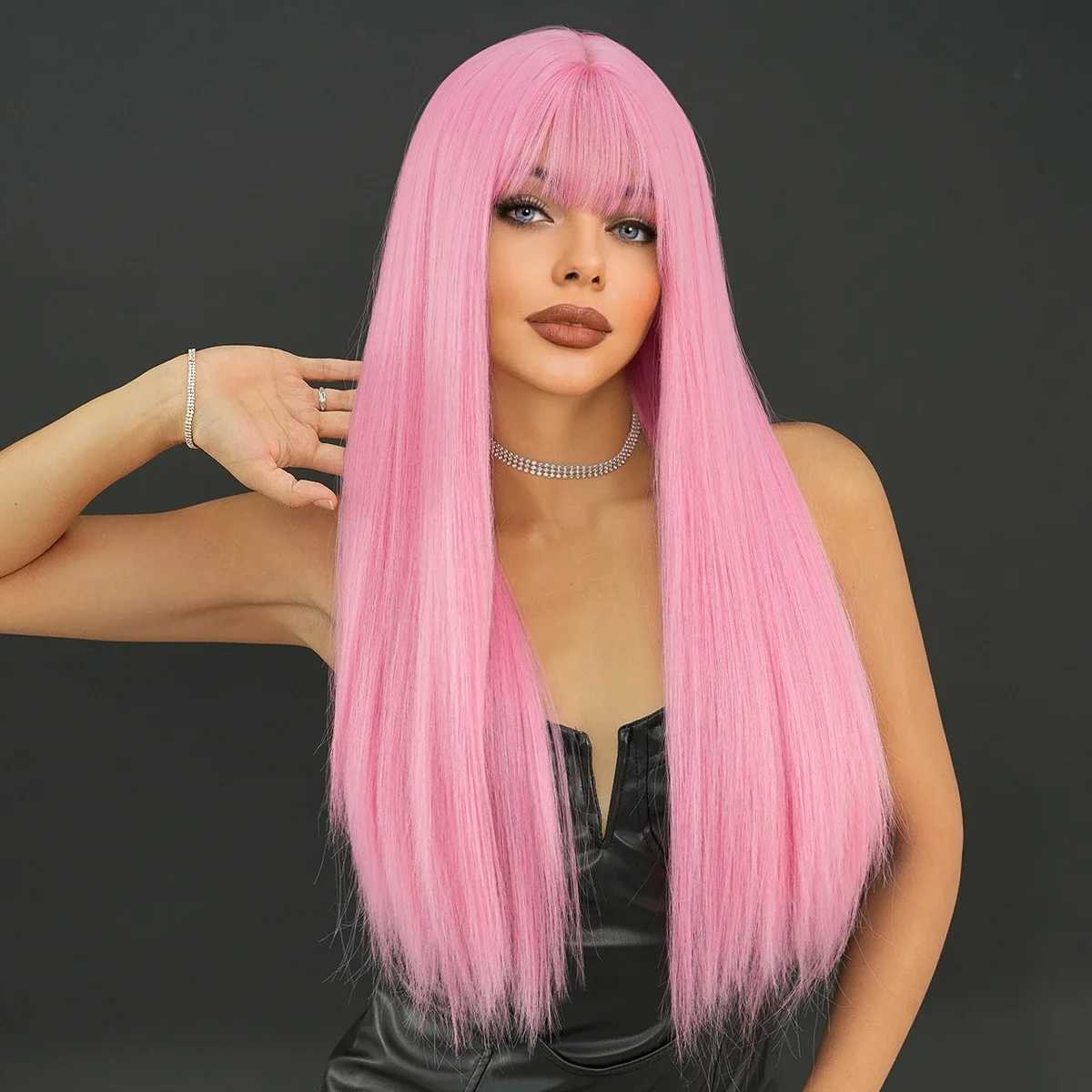 NAMM Long Straight Cherry Blossom Powder Wig For Women Daily Party Natural Synthetic Middle Part Wig Heat Resistant Fiber LongXJ241008