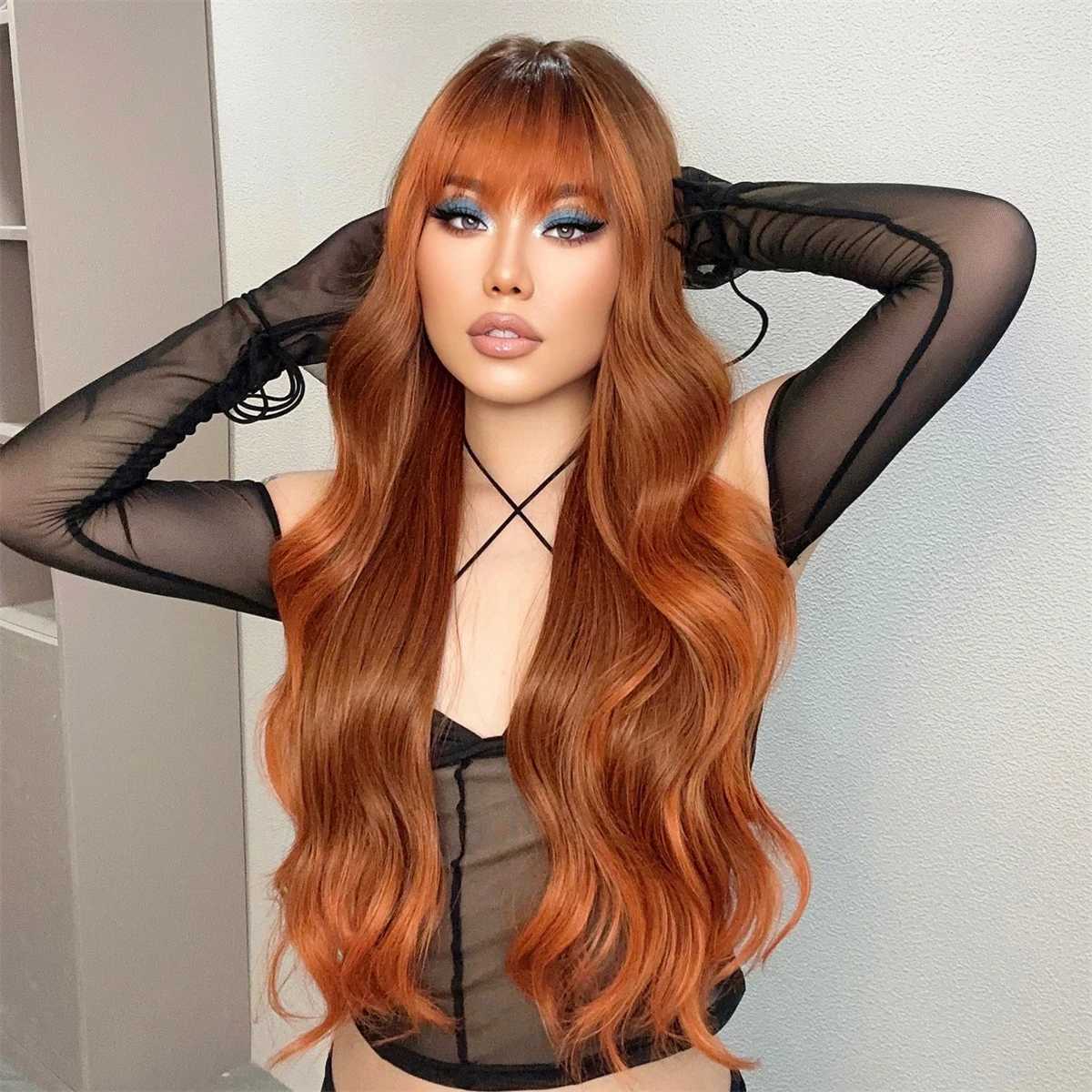 Ombre Red Brown Synthetic Wig with Bangs Long Wavy Copper Brown Women Wigs Natural Hair Cosplay Daily Use Wig Heat ResistantXJ241008