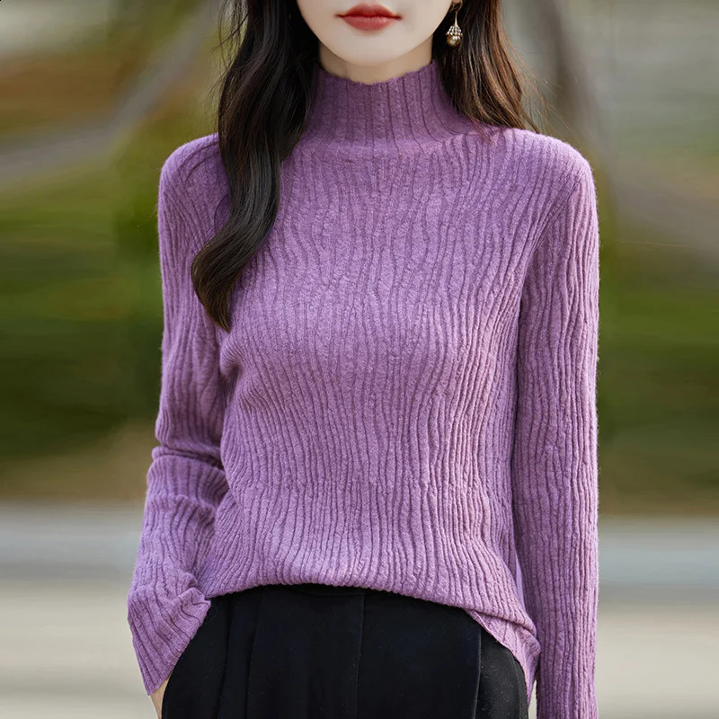 Turtleneck Sweater Womens Long Sleeve Knitted Fashion Agent Stripe Ultra Thin Autumn Winter Plain Collar Zipper 241007