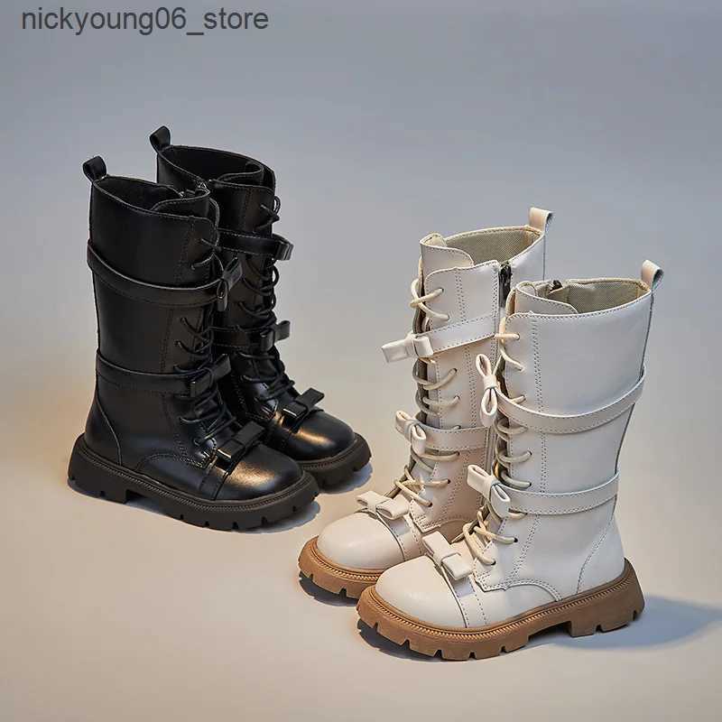 Boots 2023 Autumn Winter Girls Boots British Style Children High Top Boots Bow Princess Long Boots Outdoor Non-slip Kids Casual Shoes L240910