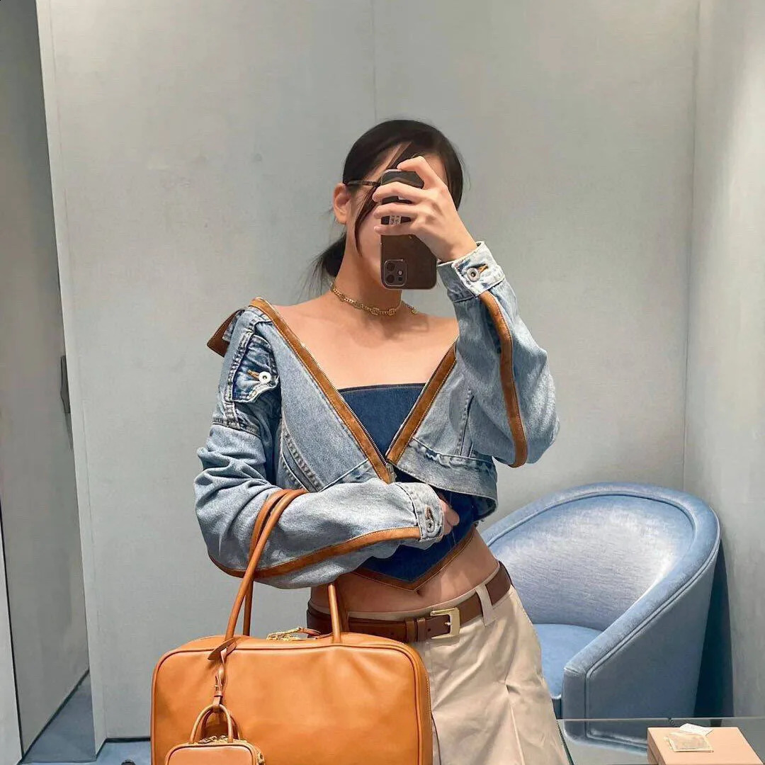 autumn fashion suede trimmed washed denim shorts jacket womens lapel zipper long sleeved pocket retro jacket 240925