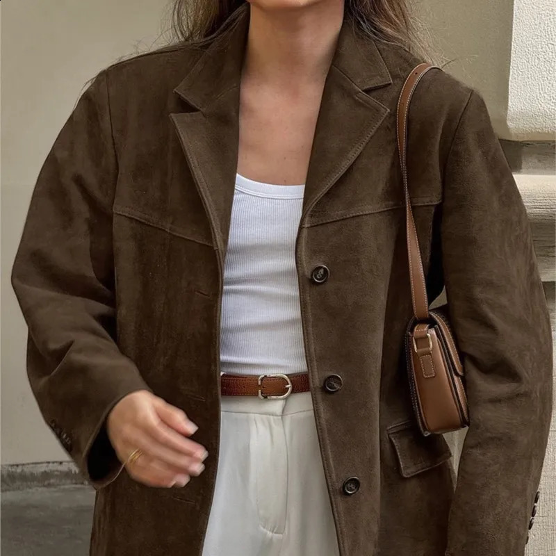 Retro brown suede leather jacket for womens fashion single chest pocket lapel crop coat womens autumn coat 241007