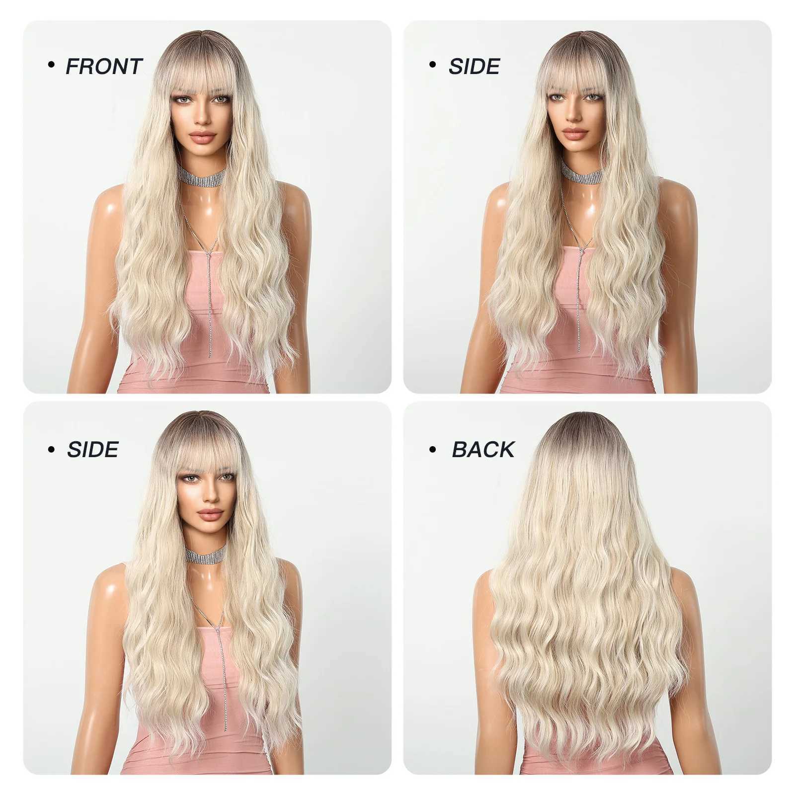 HENRY MARGU Platinum Blonde Synthetic Wigs Long Water Wavy Wig with Bangs Ombre Dark Roots Blonde Hair Heat Resistant Daily WigXJ241008