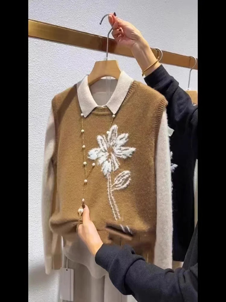 Spring and summer pure wool knitted vest round neck with floral embroidery n simple fashionable 241007