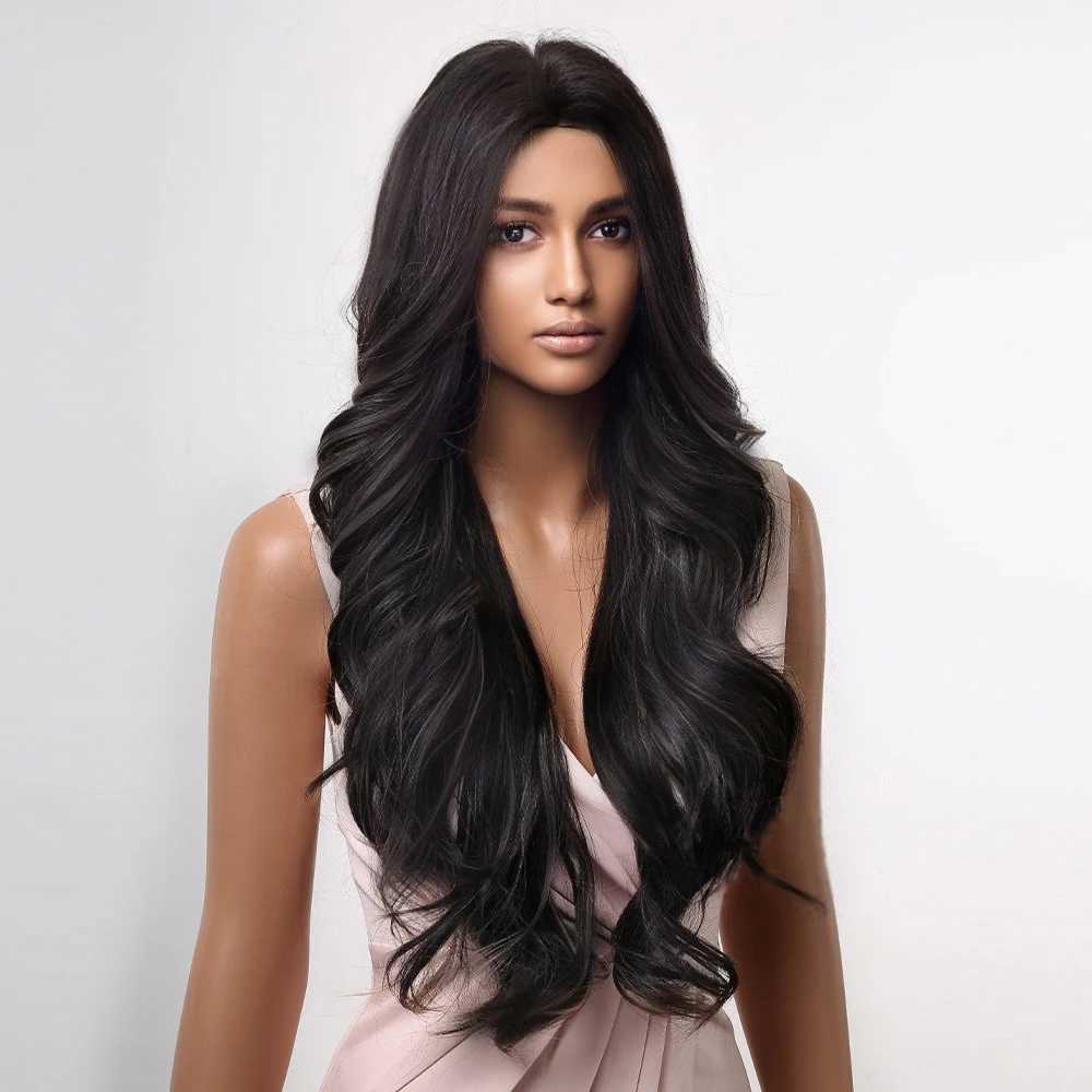 Long Wavy Black Synthetic Hair Wigs For Women Daily Party Cosplay Use Natural Long Curly Black Wig Heat Resistant FiberXJ241008