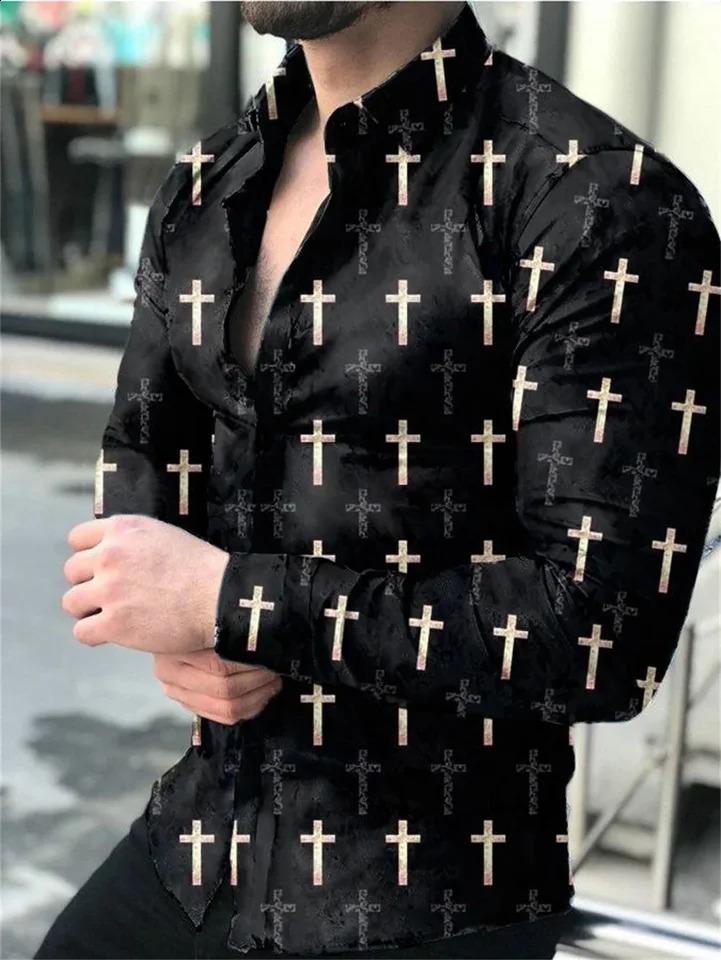 Spring/Summer Autumn Fashion 3D Digital Printing Cross Pattern Button Mens Casual Long Sleeve Shirt Collar Top 241007