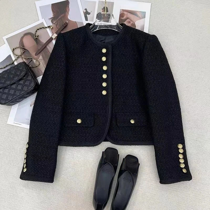 2024 Women Clothing Temperament Jackets O-neck Long Sleeve Tweed Jacket Crop Tops Ropa Mujer Fashion Vintage Thicked Korean Coat 241008