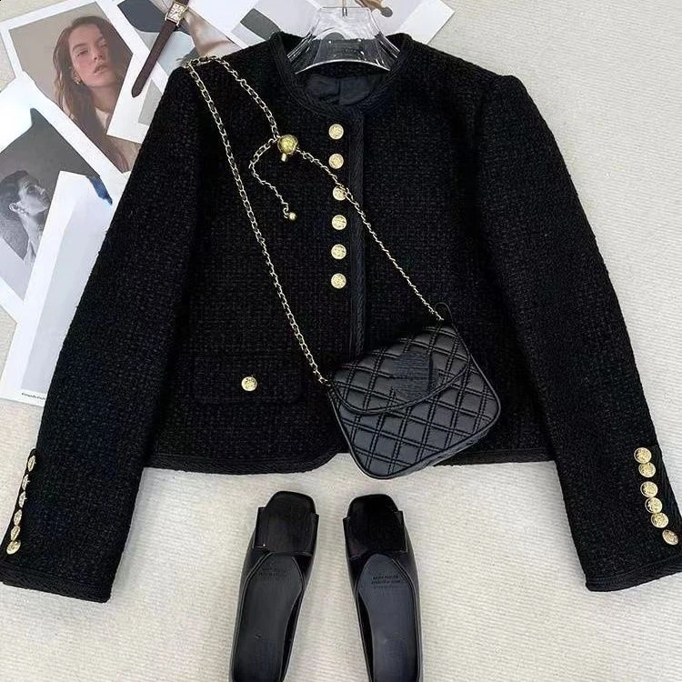 2024 Women Clothing Temperament Jackets O-neck Long Sleeve Tweed Jacket Crop Tops Ropa Mujer Fashion Vintage Thicked Korean Coat 241008