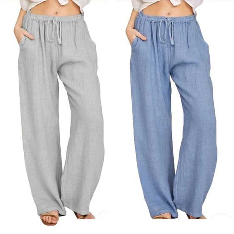 Women Cotton Linen Pants Fashion Solid Color Elastic Waist Loose Straight Pants Female Ankle-length Trousers Summer Casual PantsX241008