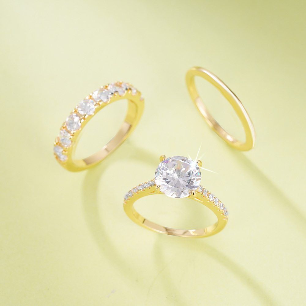3PCS Wedding Rings Elegant Vintage Jewelry 10KT Gold Fill Round Cut White Cubic Zircon CZ Diamond Gemstones Party Eternity Women Bridal Ring Set Gift
