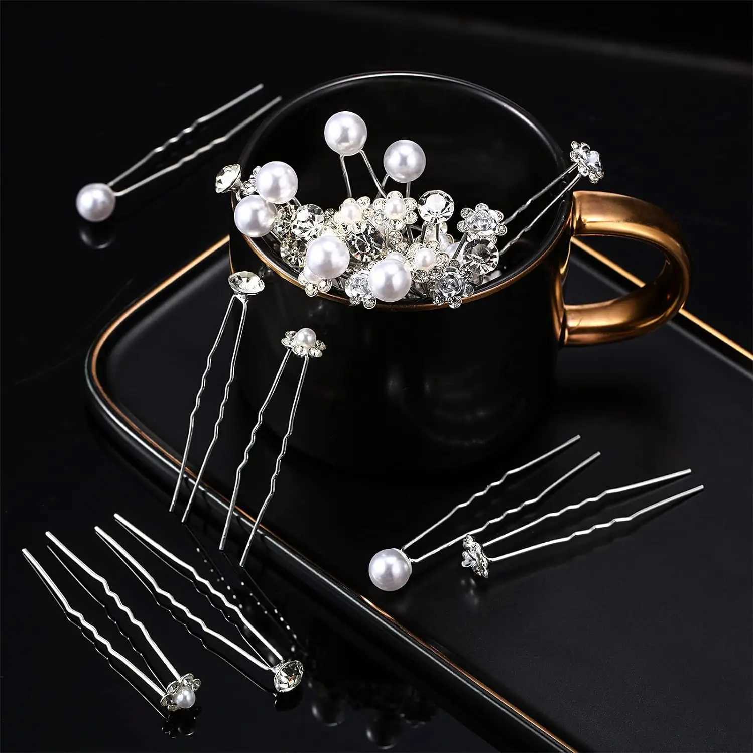 20 pieces/set bride pearl U-shaped hair comb fork elegant wedding crystal flower hair clip female hair clip jewelry accessories W241007