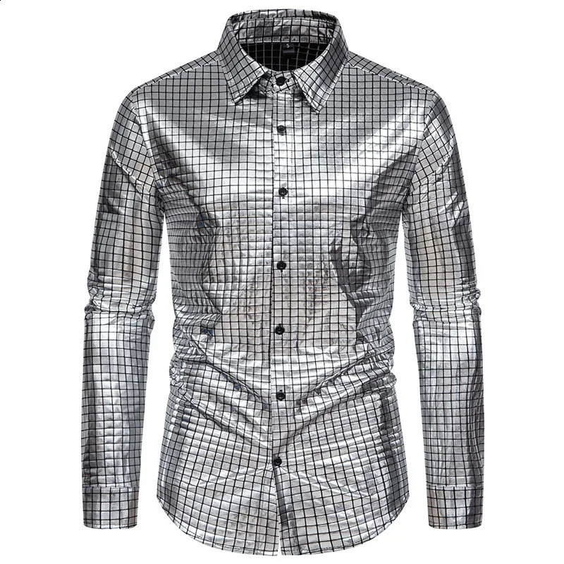 Mens gold long sleeved plain shirt loose and comfortable with small stretch top mens wedding banquet bar KTV dress shirt 241007