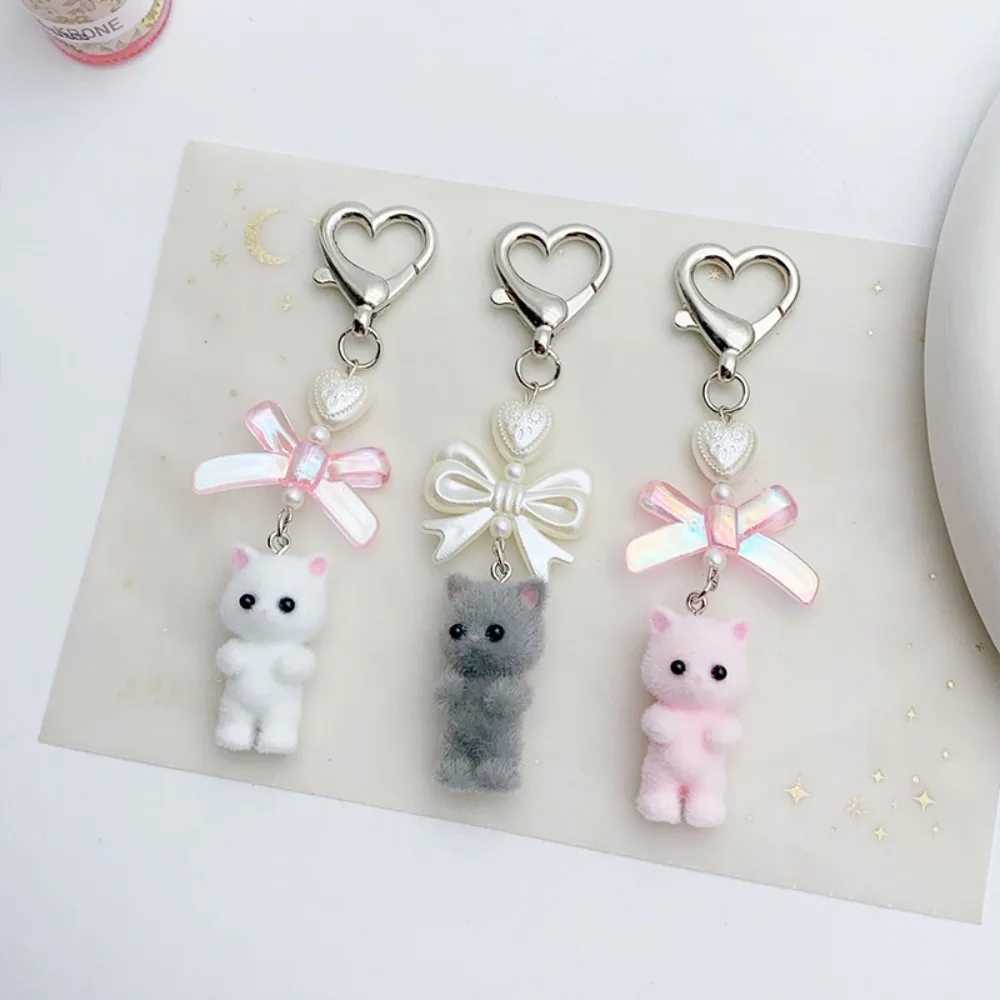 Kawaii 10cm Bow Keychain Fuzzy Kitten Doll Plush Bear Keyring Pearl Kitty Cat Backpack Pendant WomenX241008
