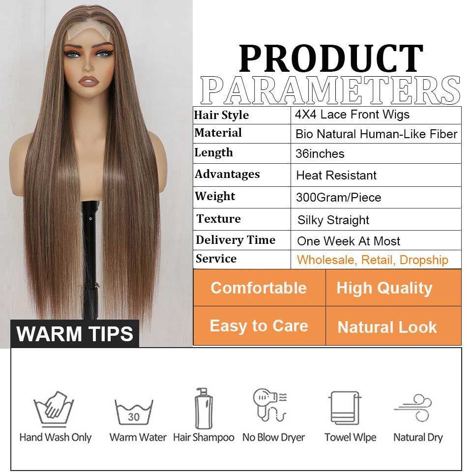 Synthetic Straight Lace Front Wigs For Women 36 Highlight Honey Brown Wig Ombre Blonde Lace Closure Wig Synthetic Cosplay WigXJ241008