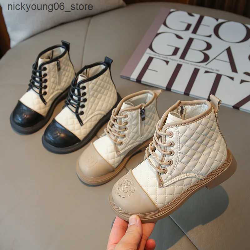 Boots Korean Version Plaid Emed Side Zippered Leather Boots Princess Boot Winter Shoe for Girl Kid Shoe for Girl Boot Zapatos L240910