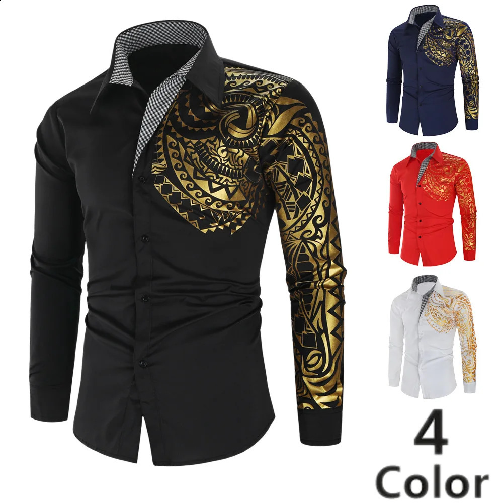 mens shirt gold stamping printed long sleeved ultra-thin fit lapel selling 241008