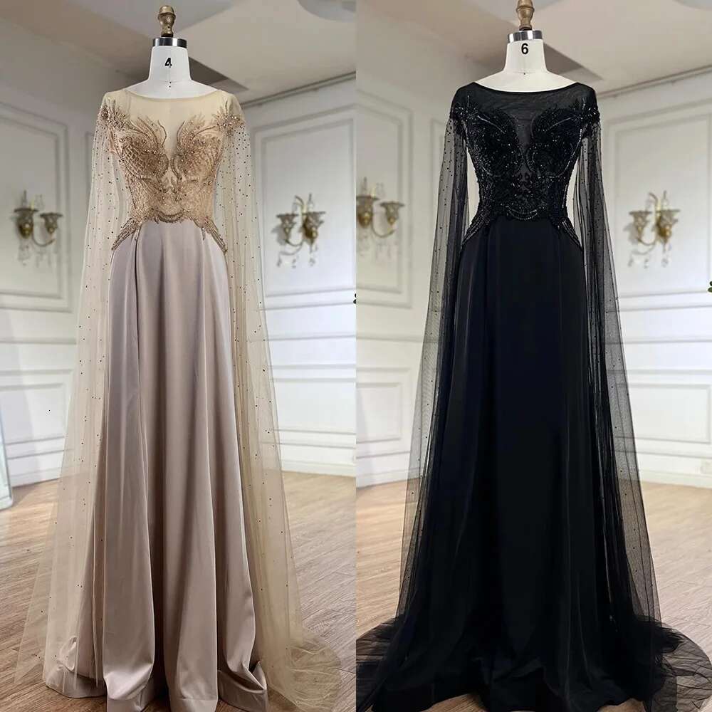 Serene Hill 2024 Cape Sleeves Satin A e Lace Beaded Dubai Evening Dresses Gowns For Formal Ocn LA72702