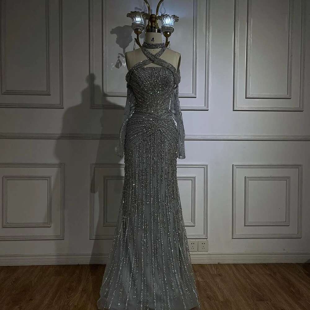 Serene Hill 2024 Arabic Gray Decorative Halter Mermaid Dubai Evening Gown Beaded Dress for Women's Party DLA72651