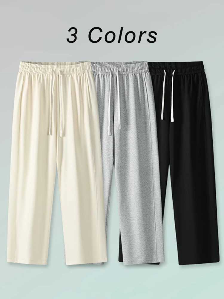 Summer Track Pants Men Light Thin Breathable Cotton Straight Sweatpants Drawstring Solid Color Sportswear Loose Home TrousersX241008