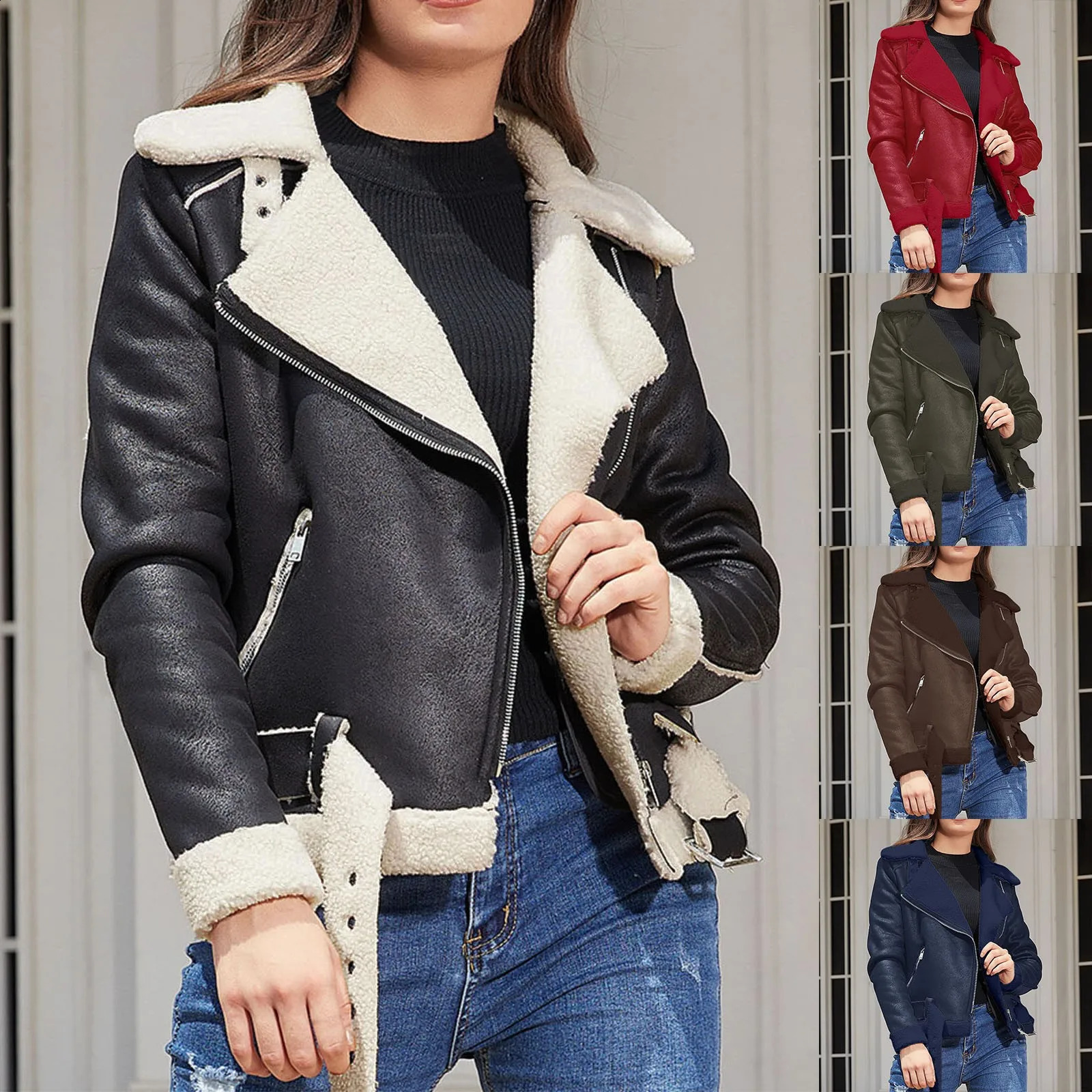 Warm suede sheepskin jacket for winter womens thick short motorcycle jacket synthetic wool leather jacket carat chain cool jacket for womens jacket 24